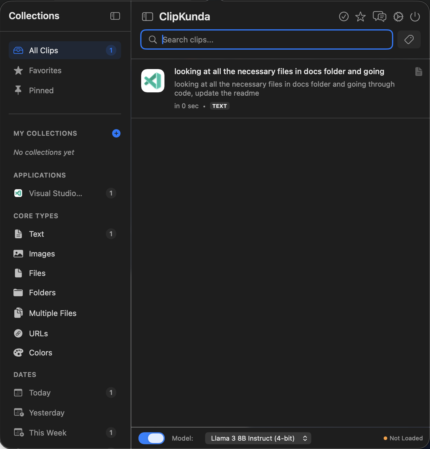 ClipKunda Main Interface showing sidebar and clip list
